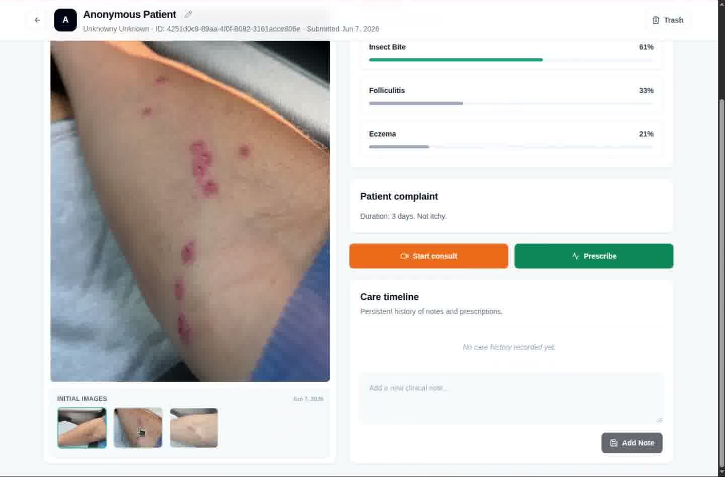 Structured patient case with photographs and symptom context